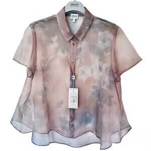 NWT Armani 100% silk organza short sleeve button down floral blouse